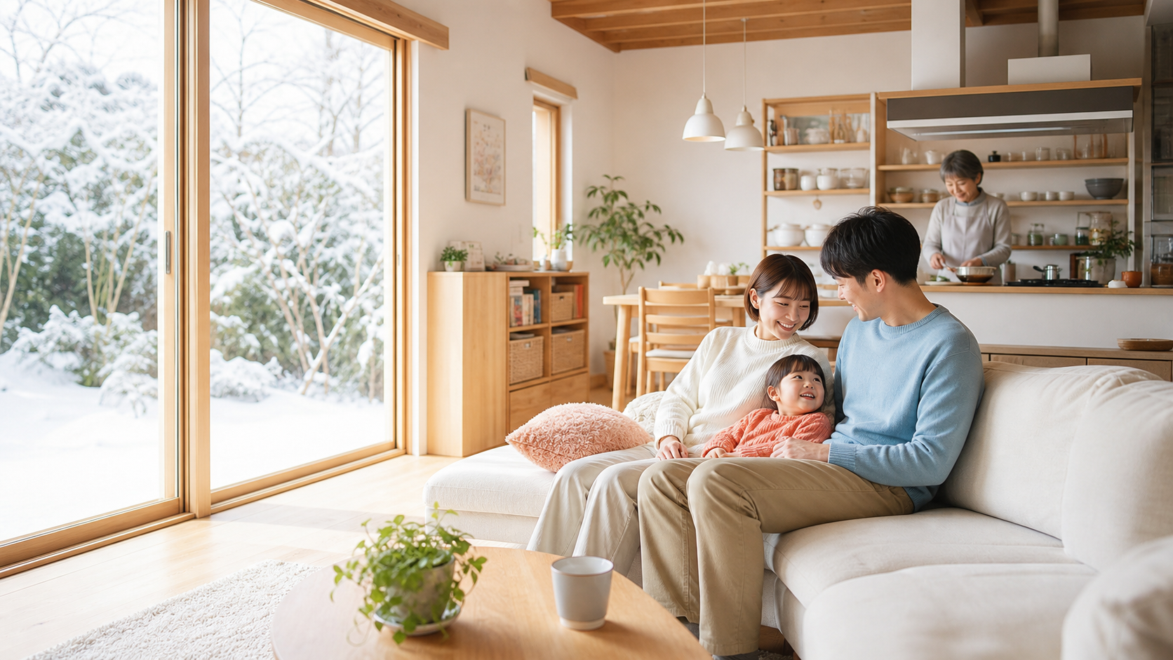 雪景色を眺めながら木の家でくつろぐ家族