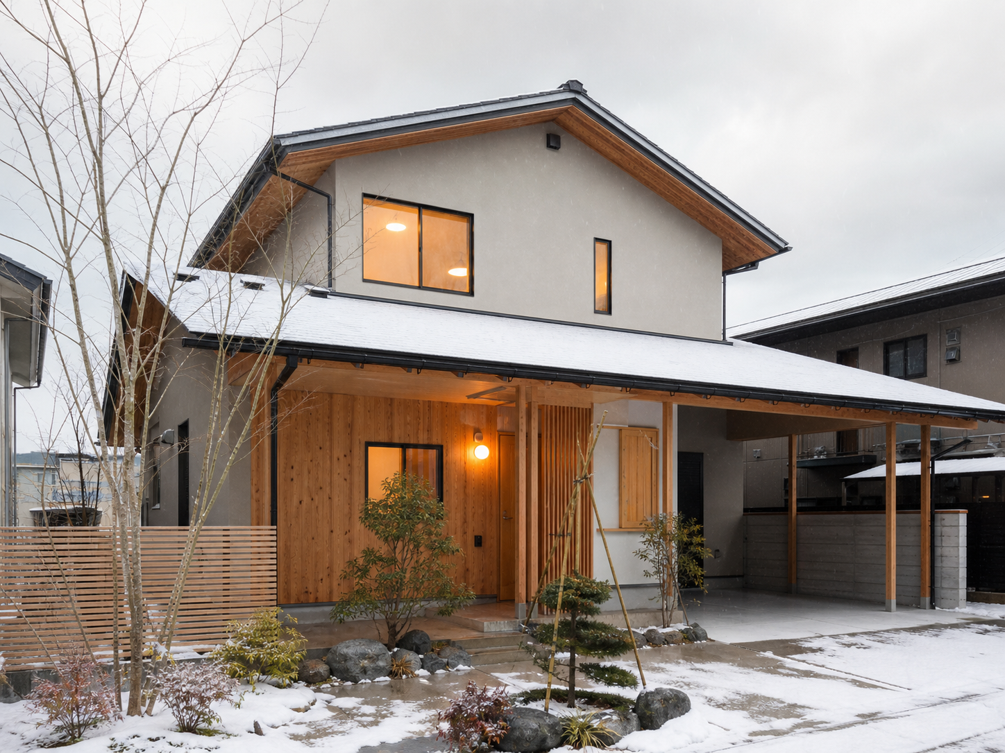 雪の日も安心できる深い軒の家